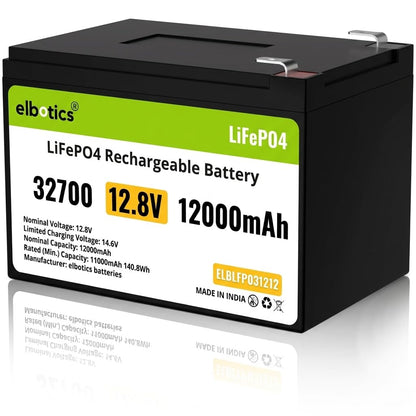 ELBOTICS 12.8V 12Ah LiFePO4 Rechargeable Battery with Smart BMS for Agriculture Spray Pump, Solar Light, CCTV, UPS, Marine & RV Applications