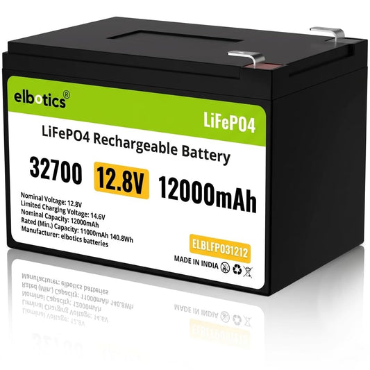 ELBOTICS 12.8V 12Ah LiFePO4 Rechargeable Battery with Smart BMS for Agriculture Spray Pump, Solar Light, CCTV, UPS, Marine & RV Applications