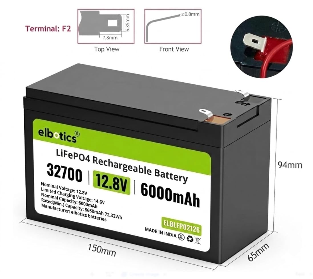 ELBOTICS 12.8V 6Ah LiFePO4 Rechargeable Battery with 10A Smart BMS for Solar, Camping, Fish Finder, UPS, RV & Emergency Power