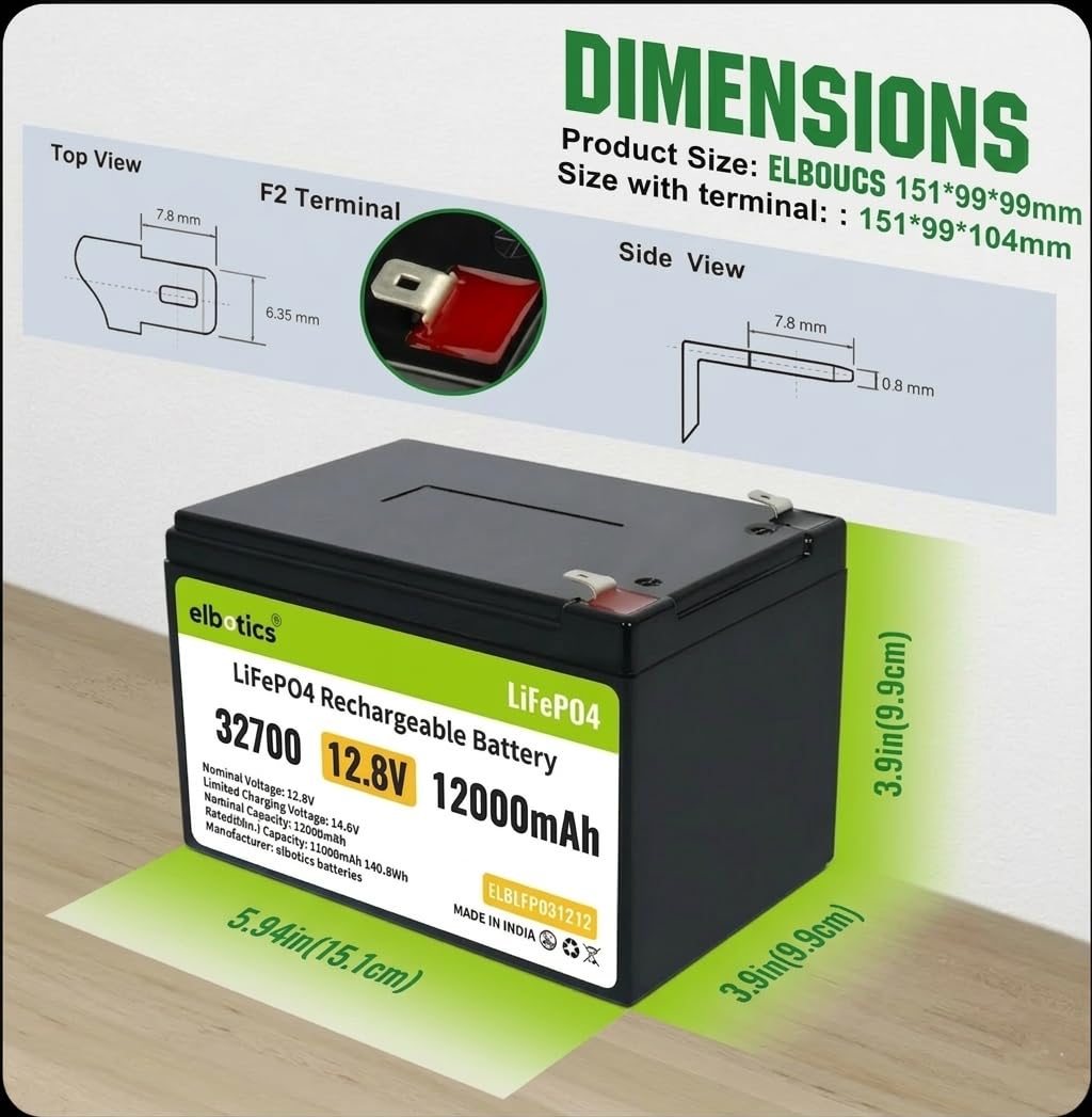 ELBOTICS 12.8V 12Ah LiFePO4 Rechargeable Battery with Smart BMS for Agriculture Spray Pump, Solar Light, CCTV, UPS, Marine & RV Applications