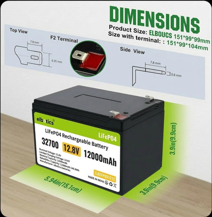 ELBOTICS 12.8V 12Ah LiFePO4 Rechargeable Battery with Smart BMS for Agriculture Spray Pump, Solar Light, CCTV, UPS, Marine & RV Applications