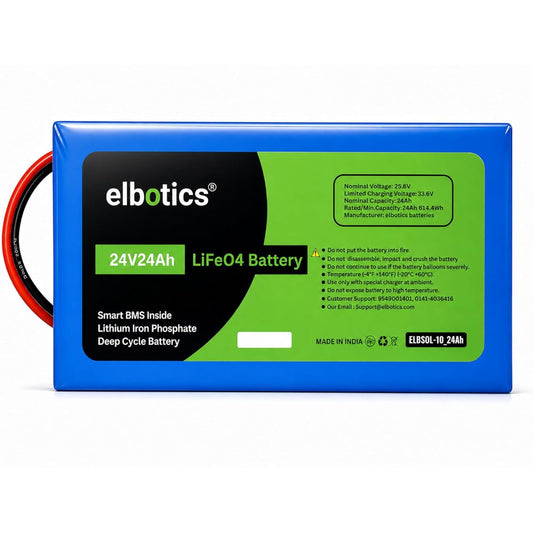 Elbotics 24V 24Ah LiFePO4 Rechargeable Battery Pack (25.6V 24000mAh) with Smart BMS for Solar Backup, Agriculture and Industrial Applications