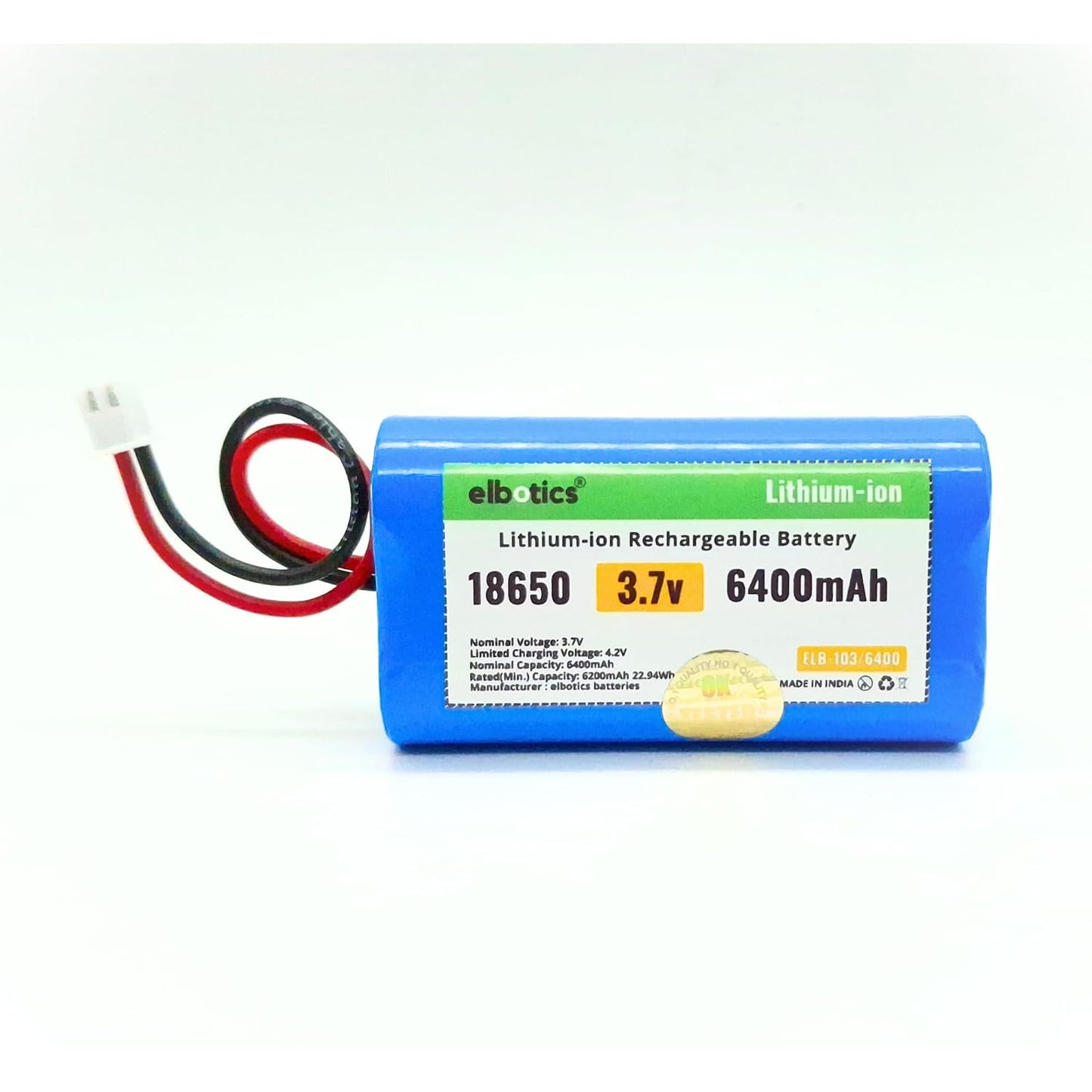 ELBOTICS 3.7V 6400mAh Rechargeable Li-ion Battery with JST XH2.54 2-Pin Connector for Bluetooth Speakers, LED Lighting & DIY Electronics