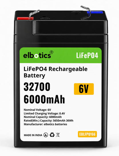 ELBOTICS 6.4V 6Ah LiFePO4 Rechargeable Battery with Smart BMS for Emergency Lighting, Toy Cars, Solar Panels, Camping & Fish Finders