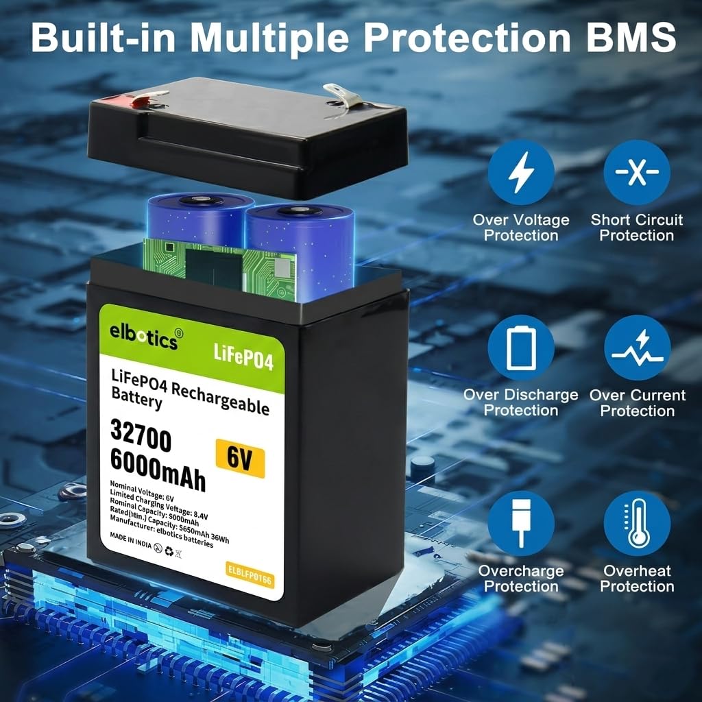 ELBOTICS 6.4V 6Ah LiFePO4 Rechargeable Battery with Smart BMS for Emergency Lighting, Toy Cars, Solar Panels, Camping & Fish Finders