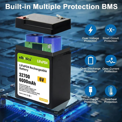 ELBOTICS 6.4V 6Ah LiFePO4 Rechargeable Battery with Smart BMS for Emergency Lighting, Toy Cars, Solar Panels, Camping & Fish Finders