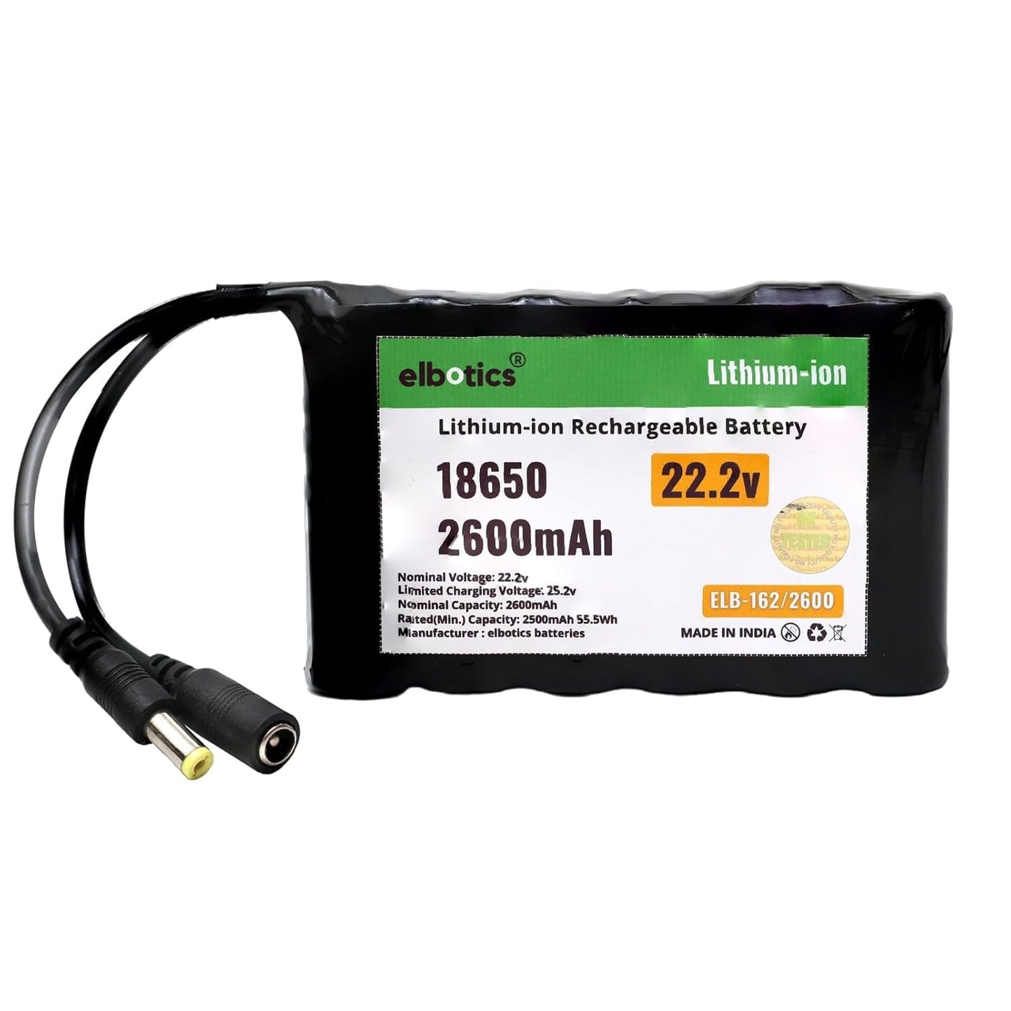 ELBOTICS 22.2V 2600mAh 18650 Li-ion Rechargeable Battery Pack, 6S 25.2V Full Charge with DC Connector for Robotics, Electronics, DIY Projects & Multi-Purpose Applications