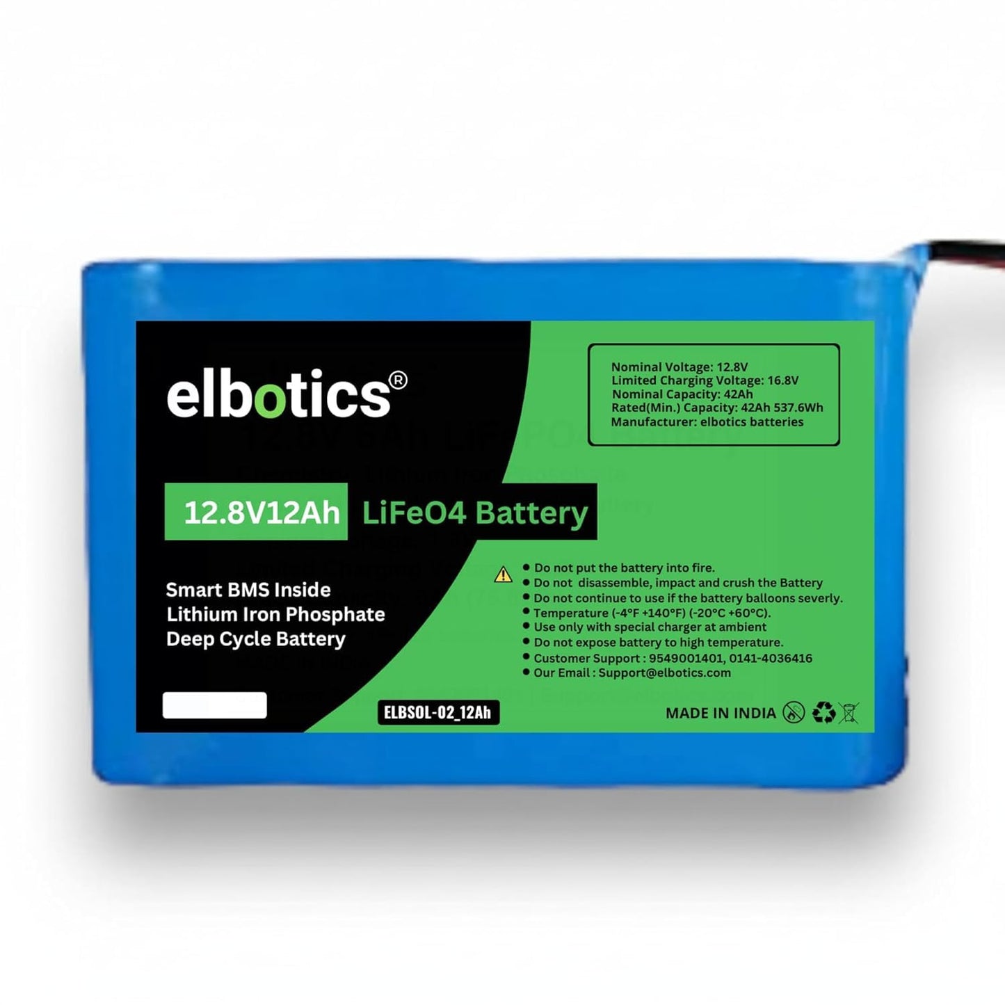 ELBOTICS 12.8V 12Ah LiFePO4 Battery with Smart BMS for Solar Inverter & Power Backup