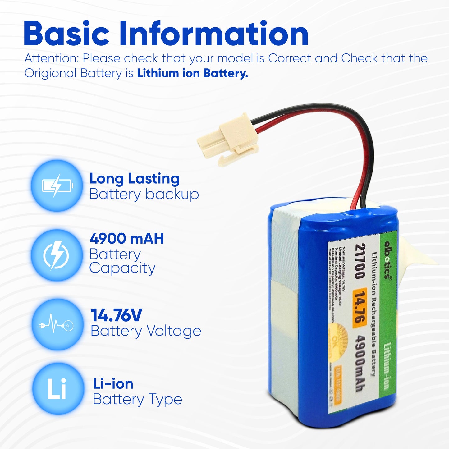 14.76V 4900mAh Lithium-ion Replacement Battery for A20, Pro T20s & T20s Pro Vacuum Cleaner High Capacity Durable Rechargeable