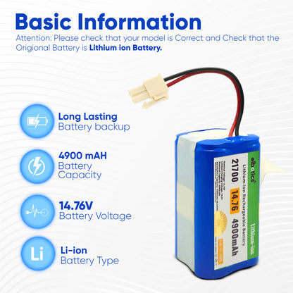 14.76V 4900mAh Lithium-ion Replacement Battery for A20, Pro T20s & T20s Pro Vacuum Cleaner High Capacity Durable Rechargeable