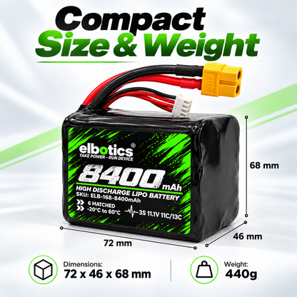 ELBOTICS 11.1V 8400mAh Li-ion Drone Battery Pack | Molicel P42A Cells | 11C High Discharge | XT60 Connector for FPV Drones & UAVs
