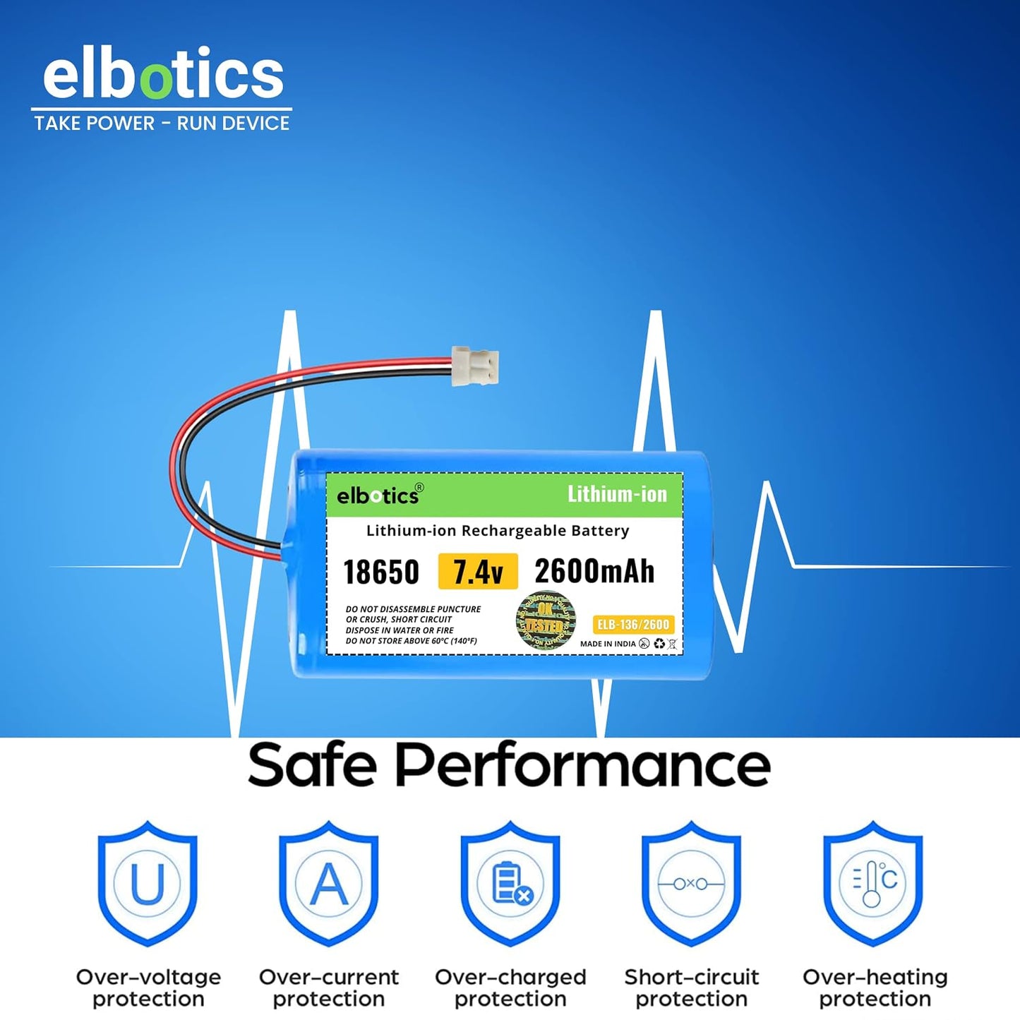 ELBOTICS 7.4V 2600mAh Li-ion Rechargeable Battery with 5264 2-Pin Connector for WEP BP-2100 Billing Printer, Bluetooth Speaker, Solar Light & Compatible Devices