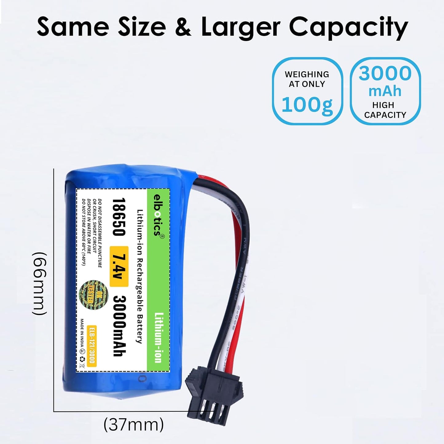 ELBOTICS 7.4V 3000mAh 2S Li-ion Rechargeable Battery with SM-3P Plug & USB Charger for RC Tank, Gesture RC Car & Stunt Cars