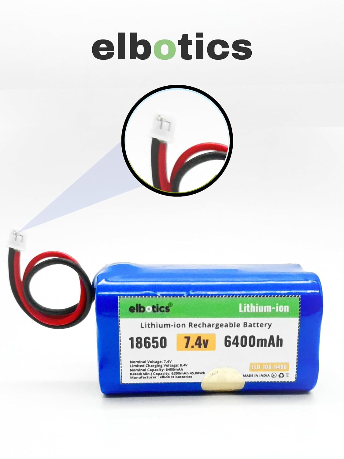 ELBOTICS 7.4V 6400mAh Li-ion Rechargeable Battery Pack with JST PH2.0 2-Pin Connector for RC Cars, RC Boats, RC Helicopters, Toys & Electronics