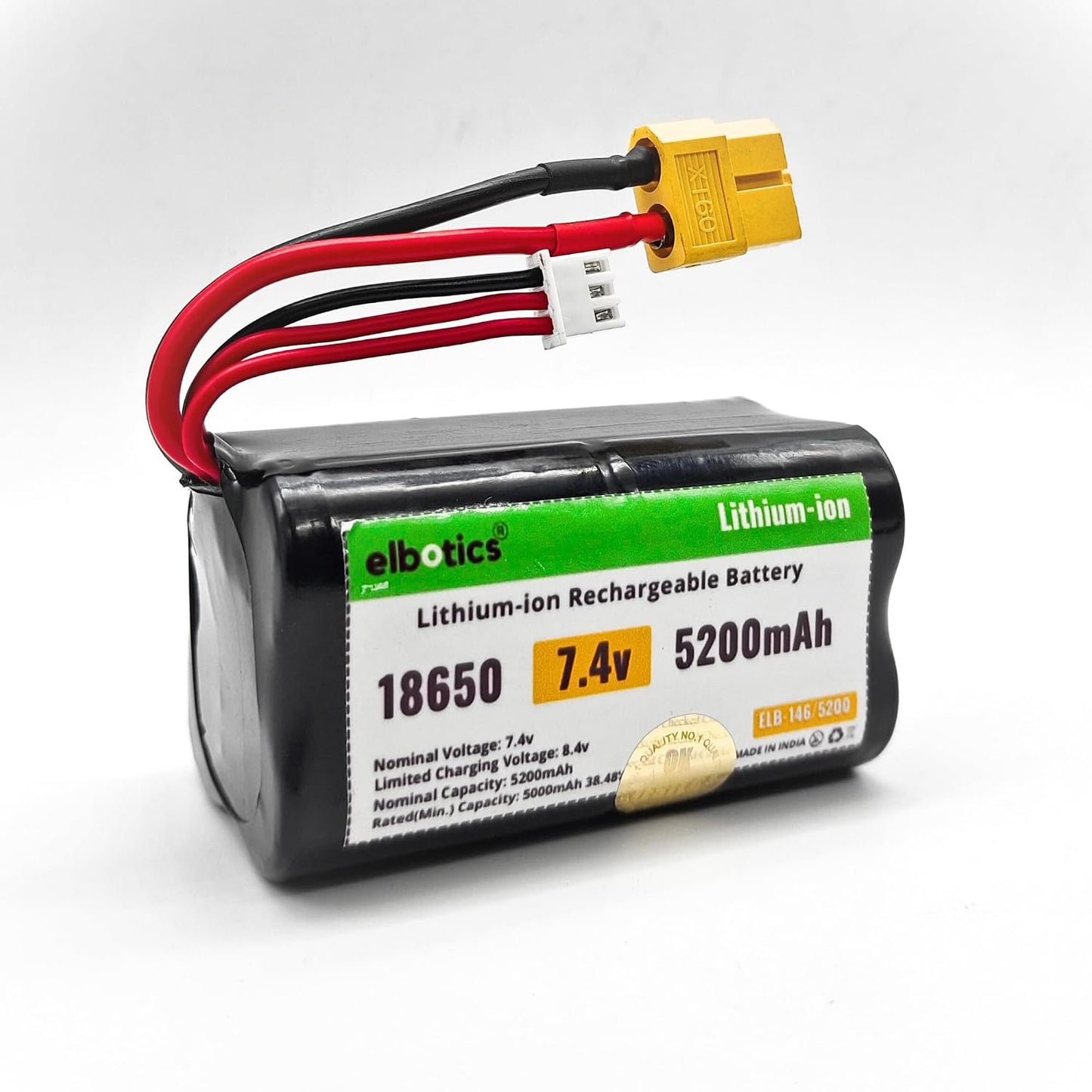 ELBOTICS 7.4V 5200mAh 2S Li-ion Rechargeable Battery Pack with XT60 Plug & Balance Connector for RC Cars, Drones, Robots, DIY Projects & Power Tools