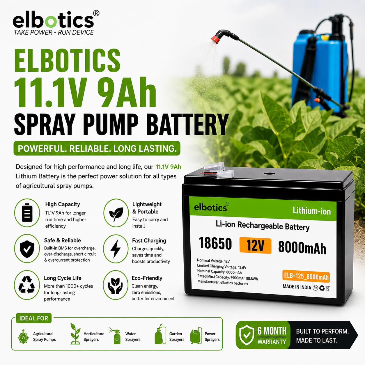 ELBOTICS 12V 8Ah NMC Rechargeable Lithium Battery with Smart BMS for Solar, Camping, RV, UPS & Lead-Acid Replacement