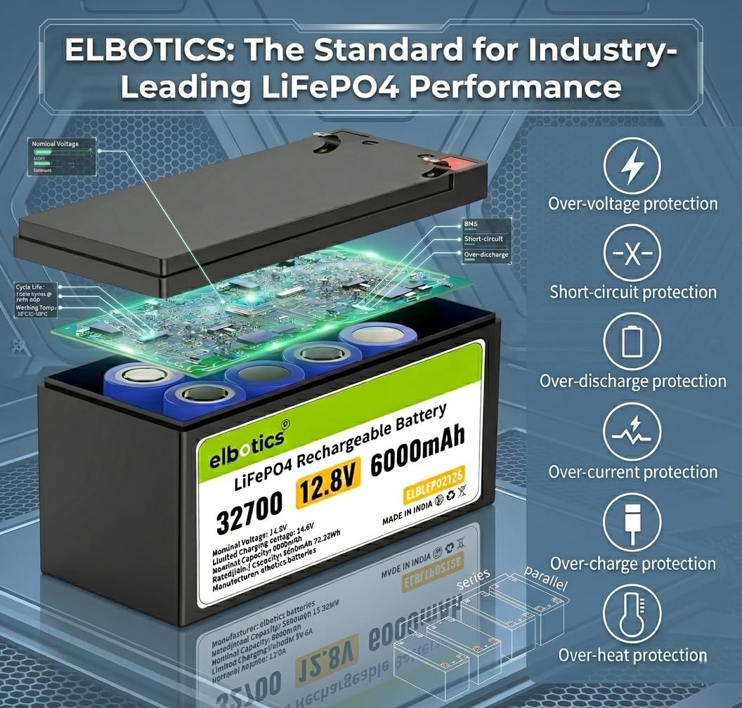 ELBOTICS 12.8V 6Ah LiFePO4 Rechargeable Battery with 10A Smart BMS for Solar, Camping, Fish Finder, UPS, RV & Emergency Power