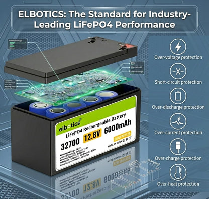 ELBOTICS 12.8V 6Ah LiFePO4 Rechargeable Battery with 10A Smart BMS for Solar, Camping, Fish Finder, UPS, RV & Emergency Power