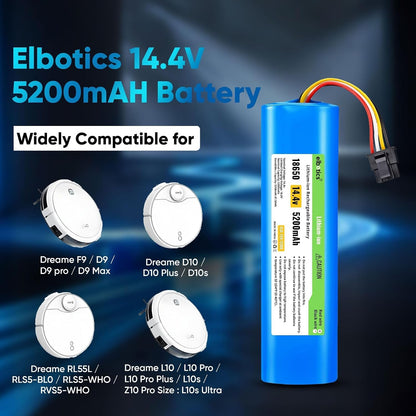 ELBOTICS 14.4V 5200mAh Li-ion Replacement Battery for Dreame D9, D10, F9, D10s, L10 Pro, L10s Ultra & Z10 Pro Robot Vacuum Cleaner