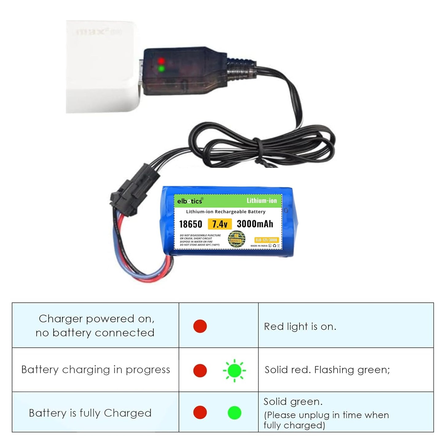 ELBOTICS 7.4V 3000mAh 2S Li-ion Rechargeable Battery with SM-3P Plug & USB Charger for RC Tank, Gesture RC Car & Stunt Cars