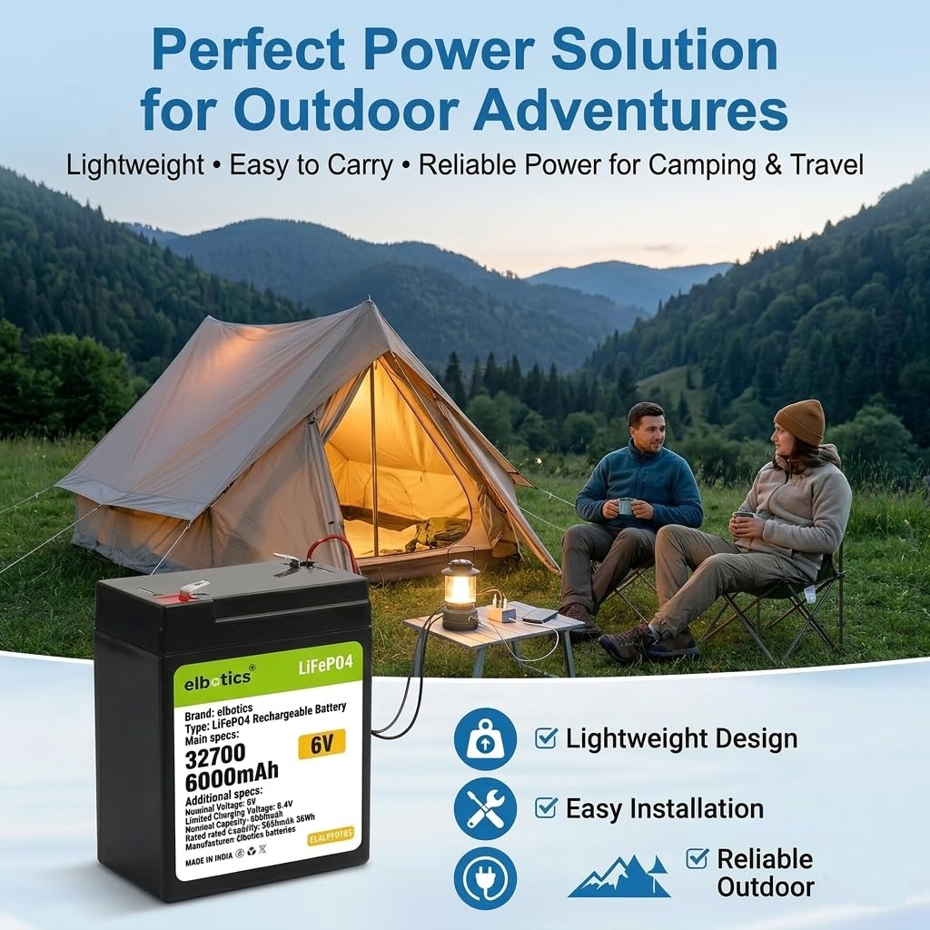 ELBOTICS 6.4V 6Ah LiFePO4 Rechargeable Battery with Smart BMS for Emergency Lighting, Toy Cars, Solar Panels, Camping & Fish Finders