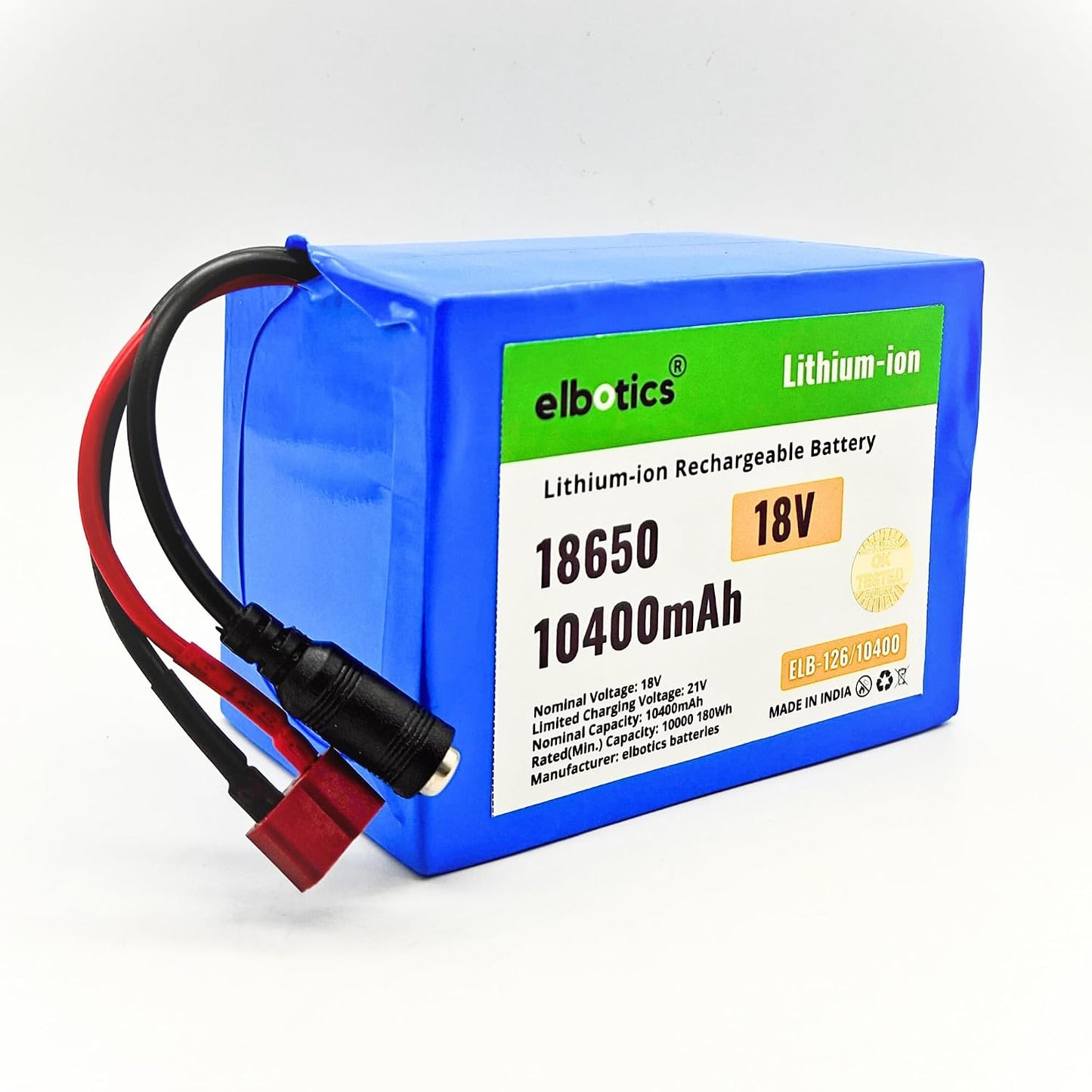 ELBOTICS 18V 10400mAh Lithium-ion Rechargeable Battery Pack with BMS for Robotics, DIY Projects, Power Tools, E-Bikes & Portable Electronics