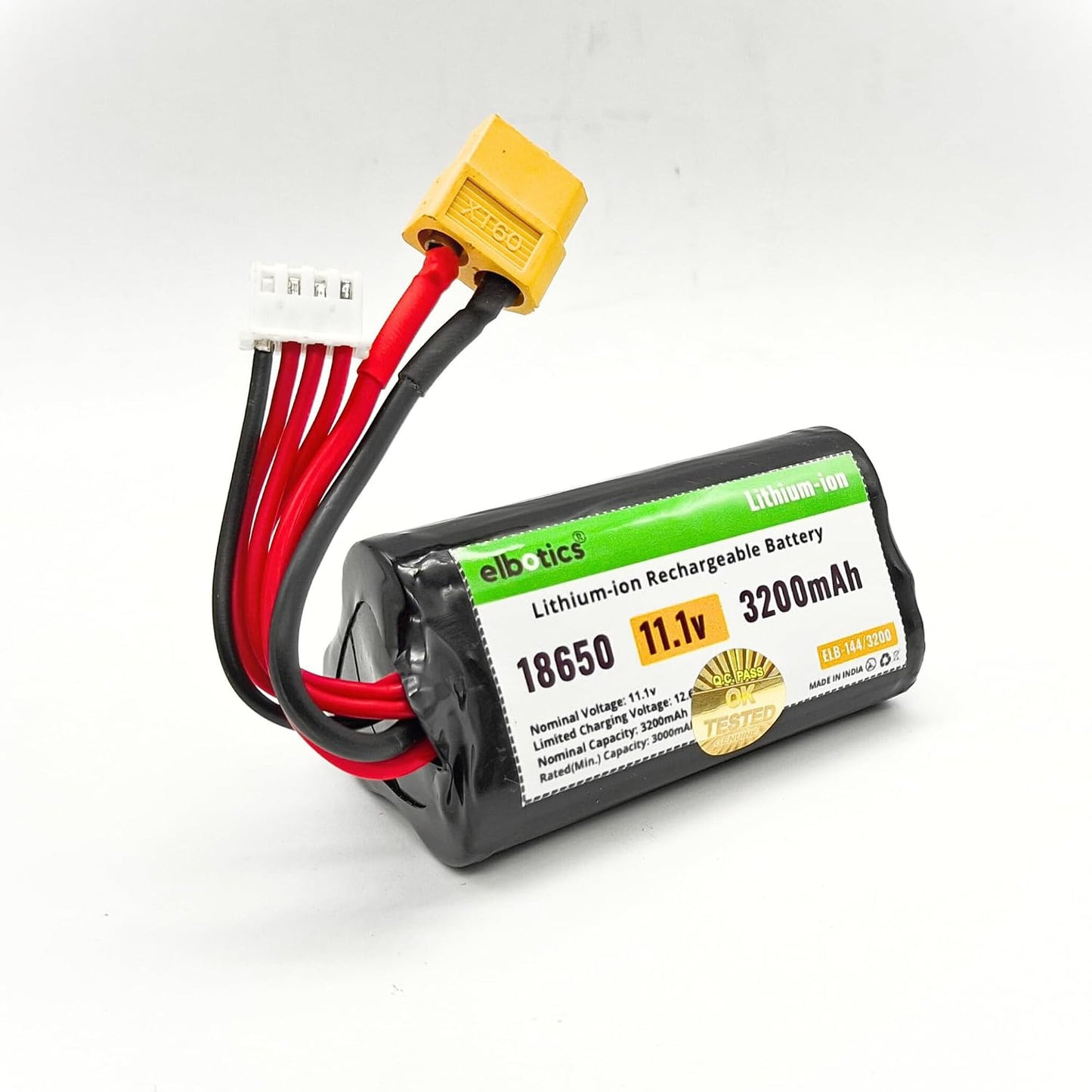 ELBOTICS 11.1V 3200mAh 3S Li-ion Rechargeable Battery Pack with XT60 Connector for RC Cars, Drones, Robots, Power Tools & DIY Projects
