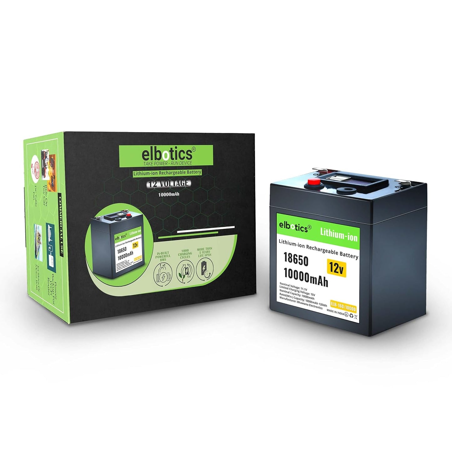 ELBOTICS 12V 10000mAh NMC Rechargeable Lithium Battery with Built-in BMS – 1000+ Deep Cycles for Solar, Camping, DC Fan, IoT & Backup Power
