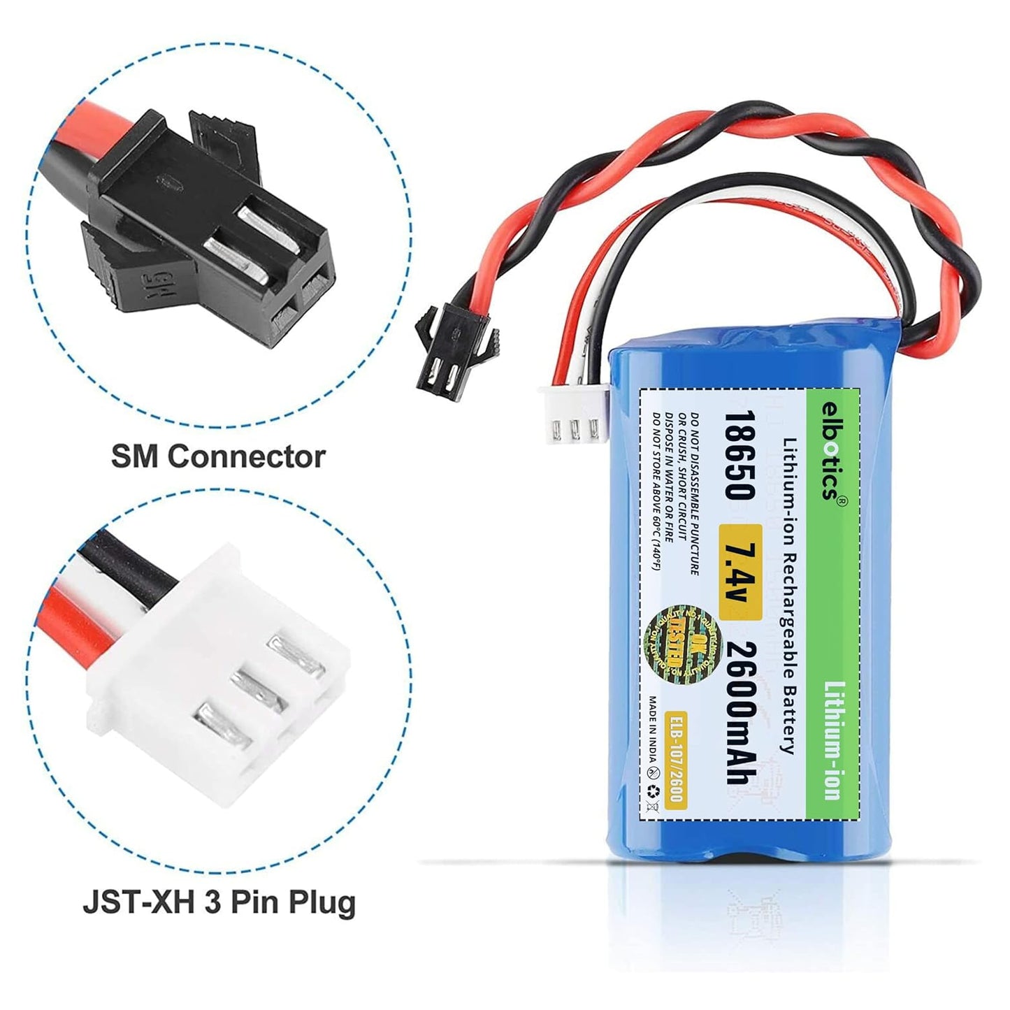 ELBOTICS 7.4V 2600mAh 15C Li-ion Rechargeable Battery with SM 2-Pin Plug for RC Cars, RC Boats, RC Trucks & RC Helicopters