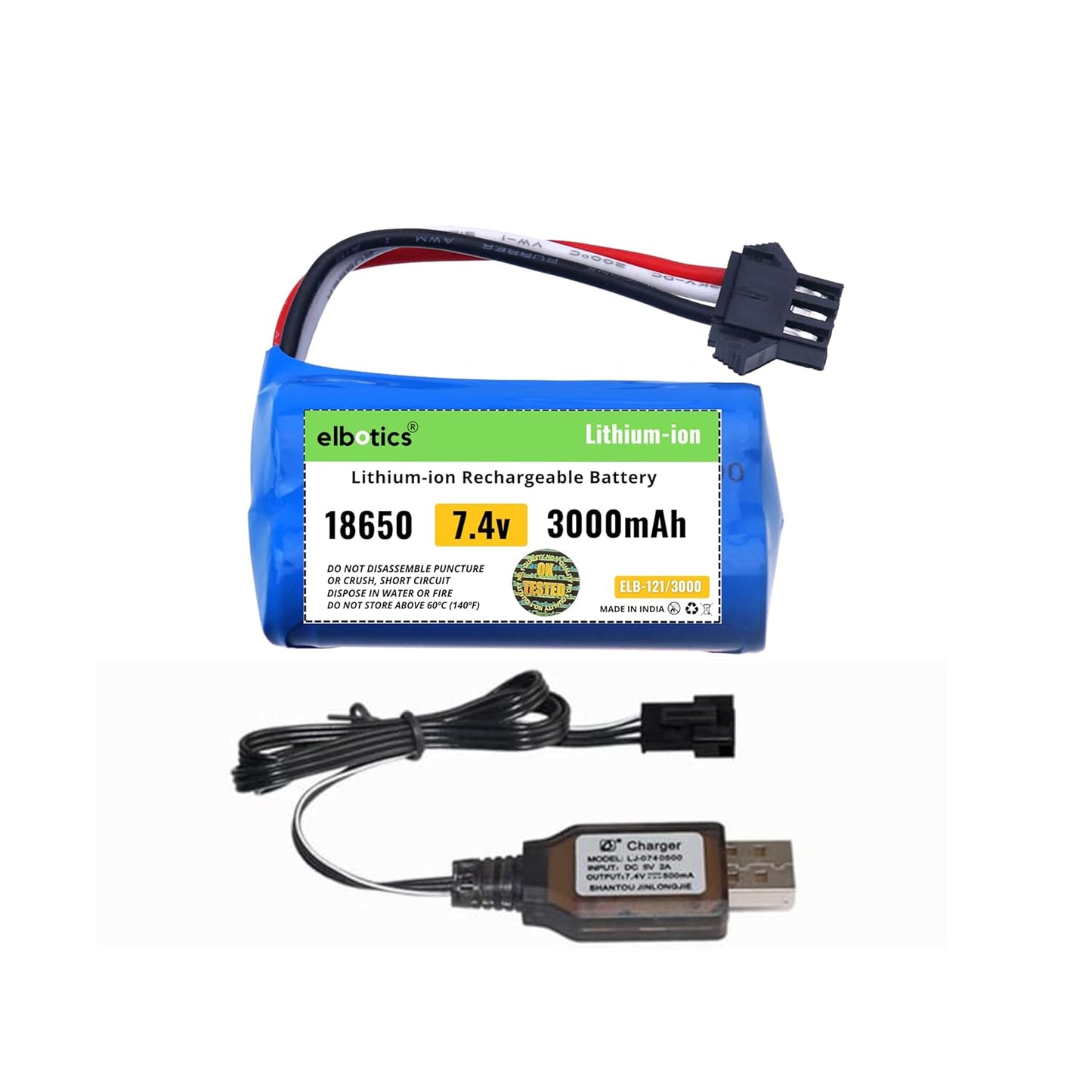 ELBOTICS 7.4V 3000mAh 2S Li-ion Rechargeable Battery with SM-3P Plug & USB Charger for RC Tank, Gesture RC Car & Stunt Cars