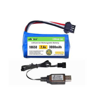 ELBOTICS 7.4V 3000mAh 2S Li-ion Rechargeable Battery with SM-3P Plug & USB Charger for RC Tank, Gesture RC Car & Stunt Cars