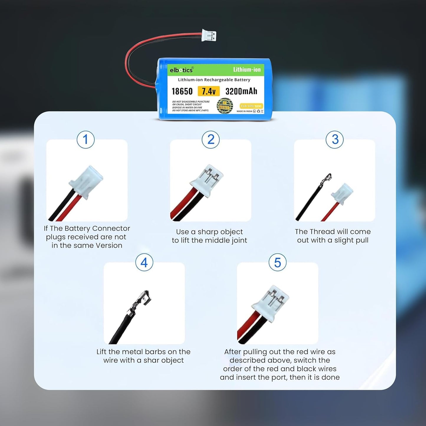 ELBOTICS 7.4V 3200mAh Li-ion Rechargeable Battery Pack with JST PH2.0 2-Pin Connector for RC Cars, RC Boats, RC Helicopters, Toys & Electronics