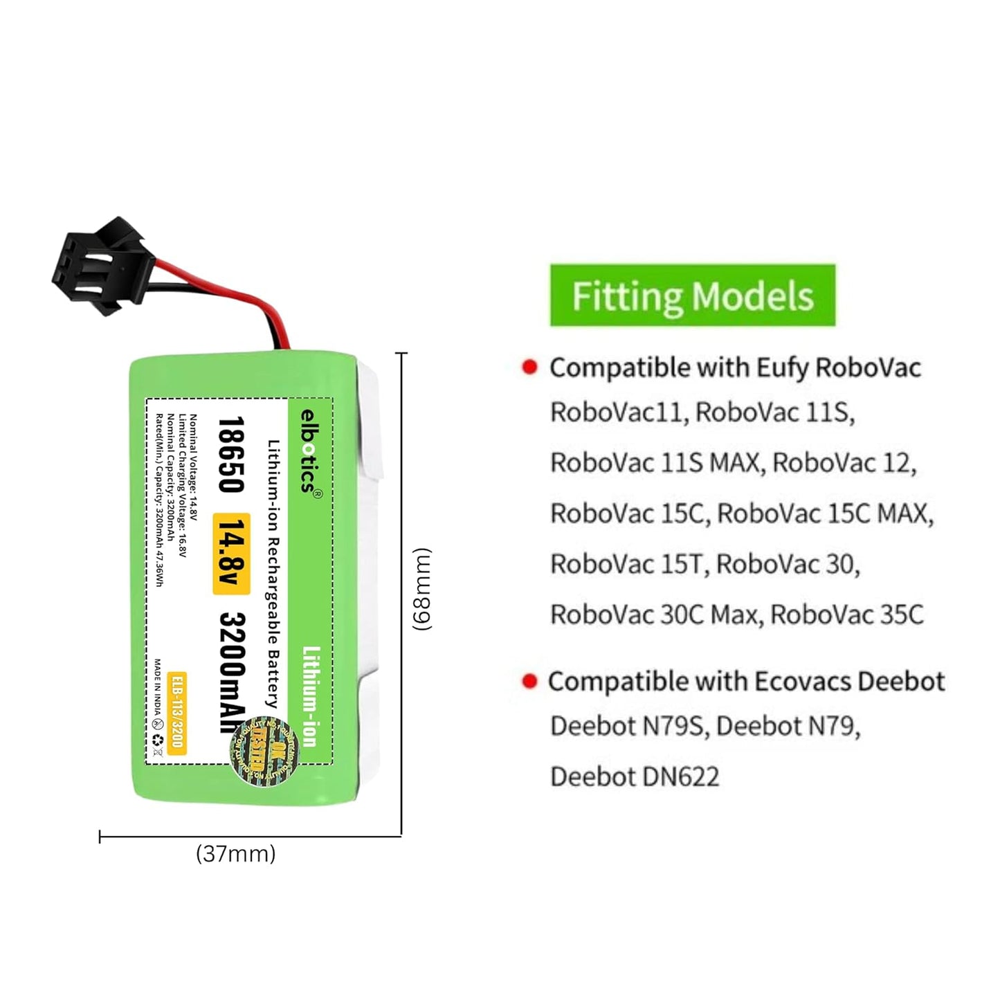 ELBOTICS 14.8V 3200mAh Li-ion Replacement Battery for Eufy RoboVac, Ecovacs Deebot, Coredy, Goovi & Amarey Robot Vacuum Cleaners
