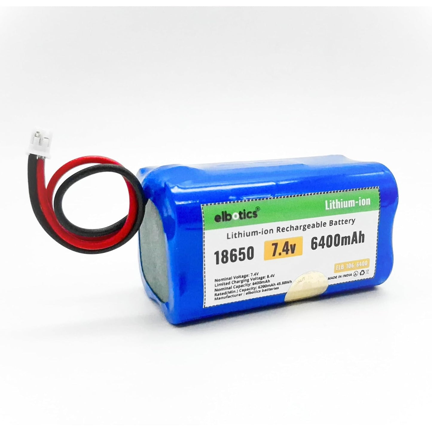 ELBOTICS 7.4V 6400mAh Li-ion Rechargeable Battery Pack with JST PH2.0 2-Pin Connector for RC Cars, RC Boats, RC Helicopters, Toys & Electronics