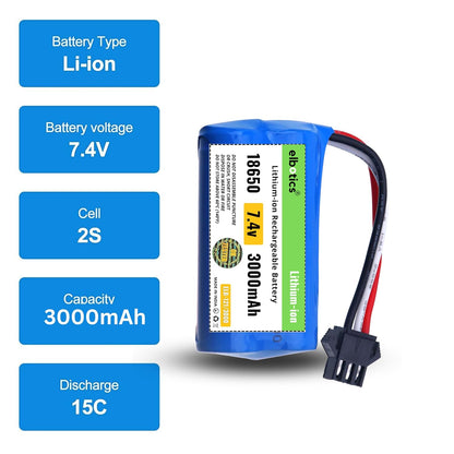 ELBOTICS 7.4V 3000mAh 2S Li-ion Rechargeable Battery with SM-3P Plug & USB Charger for RC Tank, Gesture RC Car & Stunt Cars