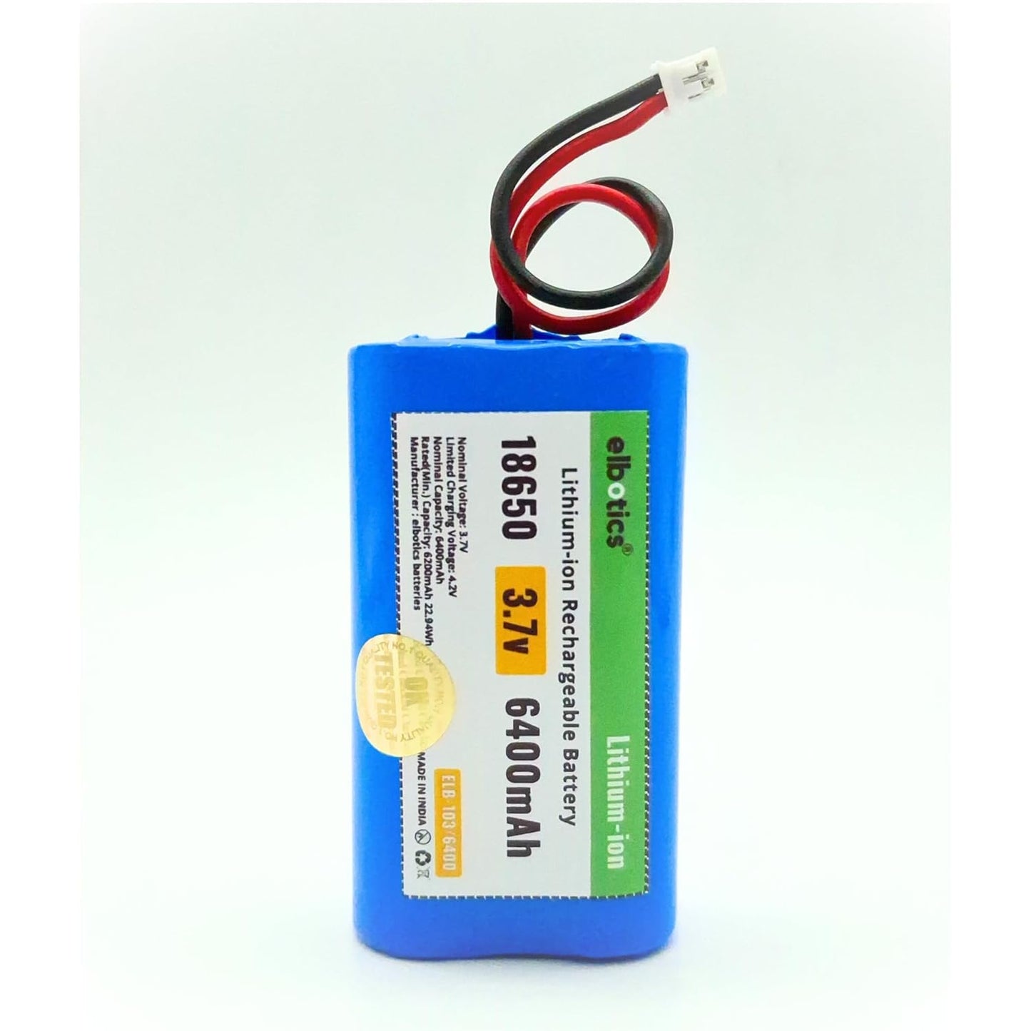 ELBOTICS 3.7V 6400mAh Rechargeable Li-ion Battery with JST PH2.0 2-Pin Connector for Bluetooth Speakers, LED Lighting & DIY Electronics