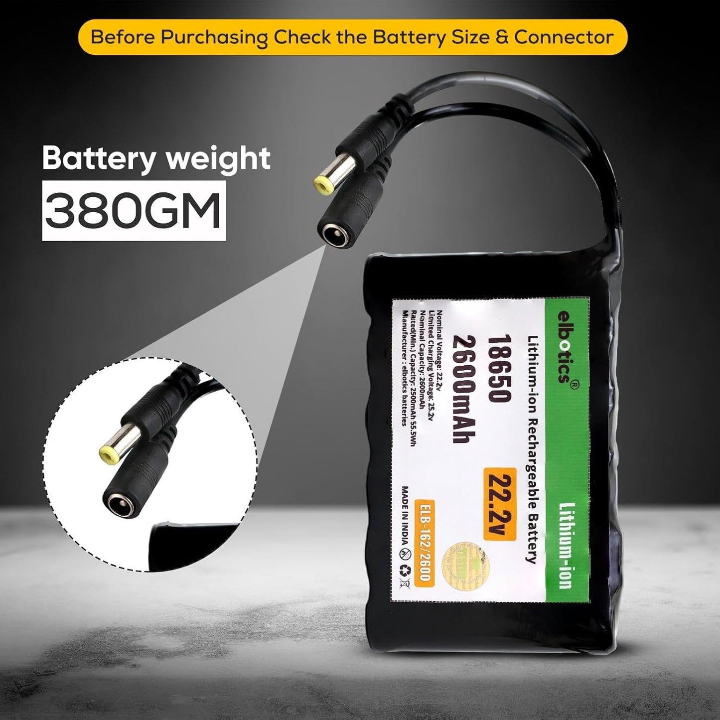 ELBOTICS 22.2V 2600mAh 18650 Li-ion Rechargeable Battery Pack, 6S 25.2V Full Charge with DC Connector for Robotics, Electronics, DIY Projects & Multi-Purpose Applications