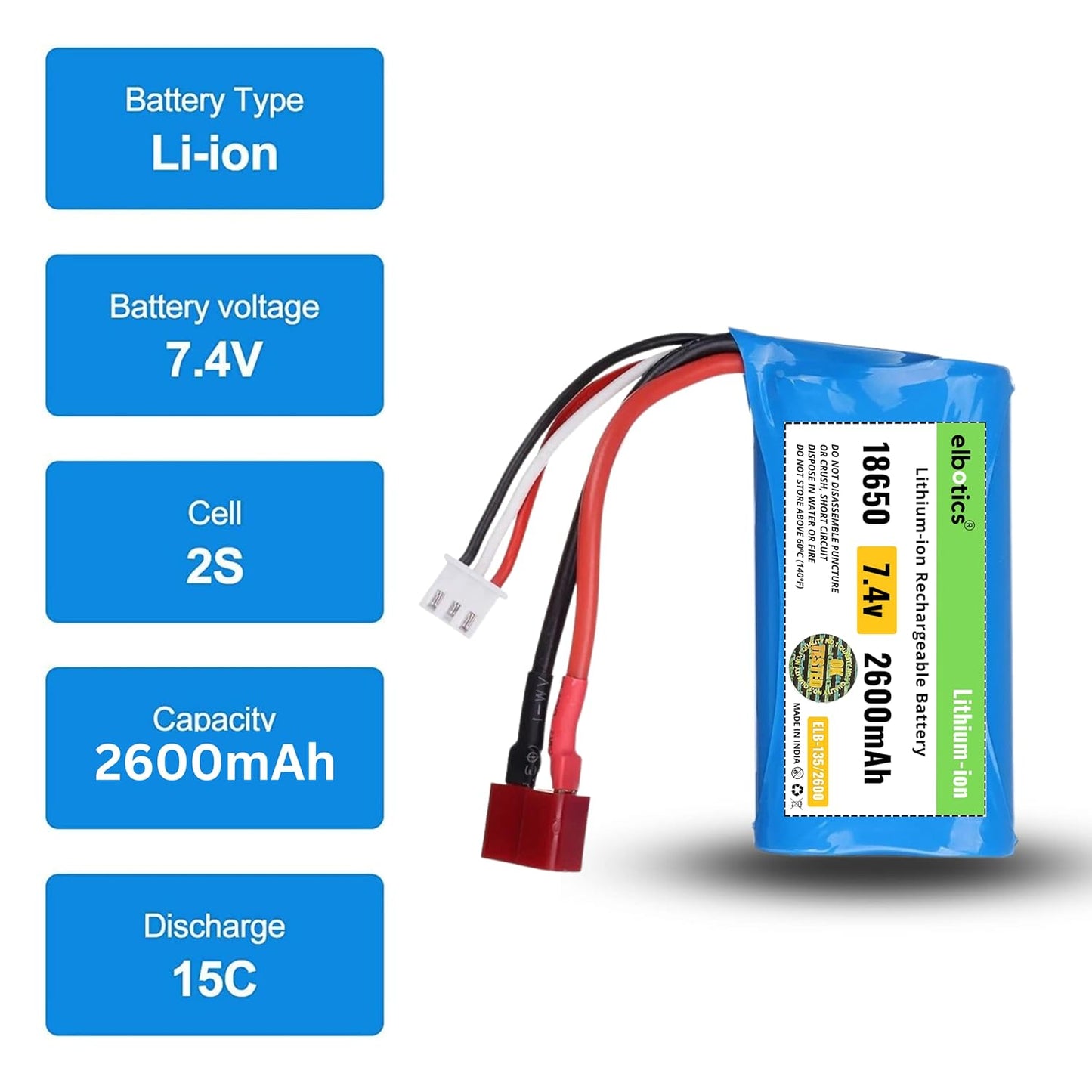 ELBOTICS 7.4V 2600mAh Li-ion Rechargeable Battery 2S 15C with T Plug & JST-XH 3 Pin Connector for RC Cars, RC Boats & RC Toys