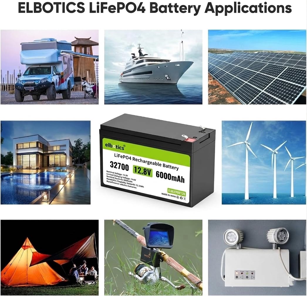 ELBOTICS 12.8V 6Ah LiFePO4 Rechargeable Battery with 10A Smart BMS for Solar, Camping, Fish Finder, UPS, RV & Emergency Power