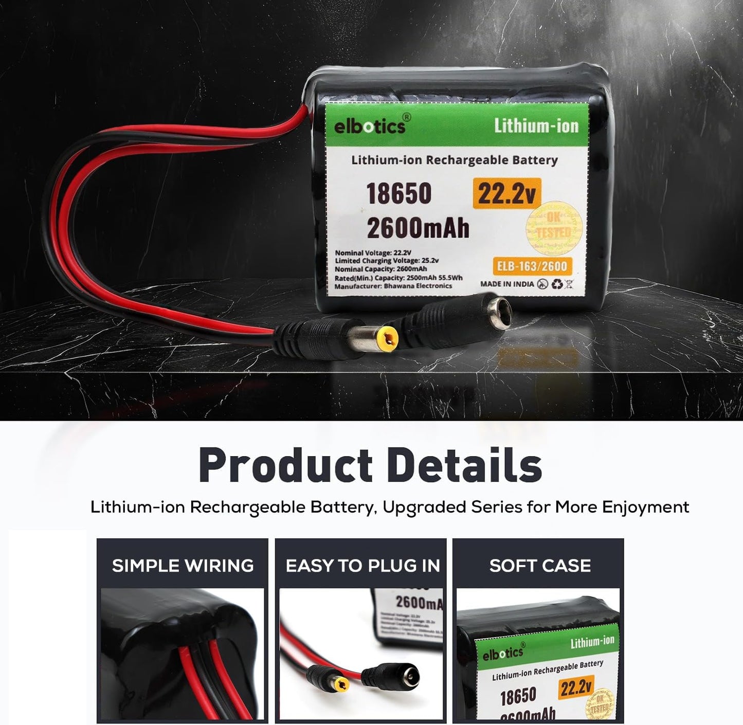 ELBOTICS 22.2V 2600mAh Li-ion Rechargeable Battery Pack, 25.2V Full Charge, 18650 Battery with DC5521 Connector for Robotics, RC Cars, LED Strips, CCTV & DIY Electronics