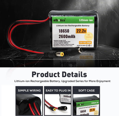 ELBOTICS 22.2V 2600mAh Li-ion Rechargeable Battery Pack, 25.2V Full Charge, 18650 Battery with DC5521 Connector for Robotics, RC Cars, LED Strips, CCTV & DIY Electronics