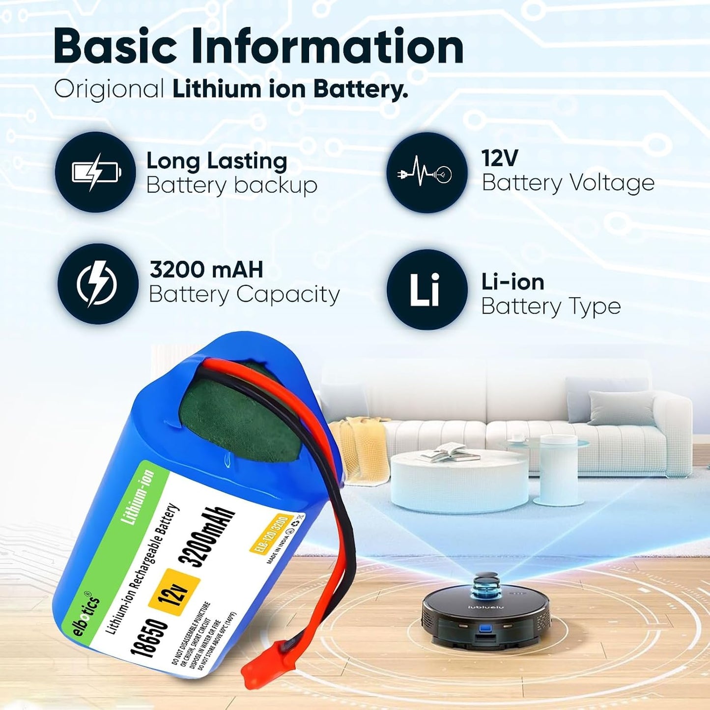 ELBOTICS 11.1V 3200mAh Li-ion Replacement Battery for Ecovacs & ILIFE V1, V3, V5, X3, X5, V5S, CW310, CEN250 Robot Vacuum Cleaner
