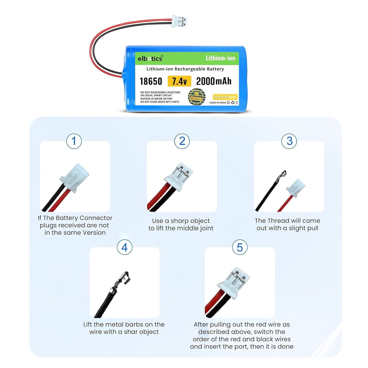 ELBOTICS 7.4V 2000mAh Li-ion Rechargeable Battery Pack with JST PH2.0 2-Pin Connector for RC Cars, RC Boats, RC Helicopters, Toys & Electronics