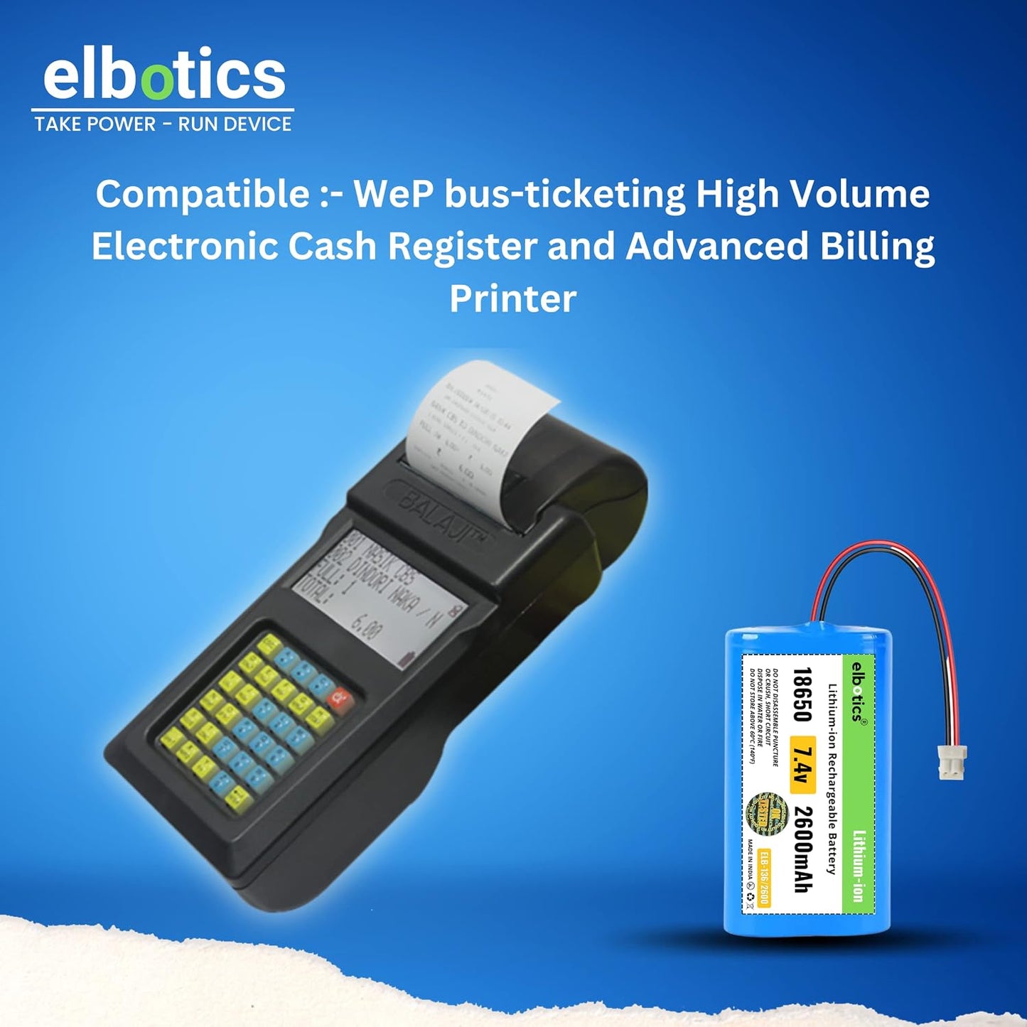 ELBOTICS 7.4V 2600mAh Li-ion Rechargeable Battery with 5264 2-Pin Connector for WEP BP-2100 Billing Printer, Bluetooth Speaker, Solar Light & Compatible Devices