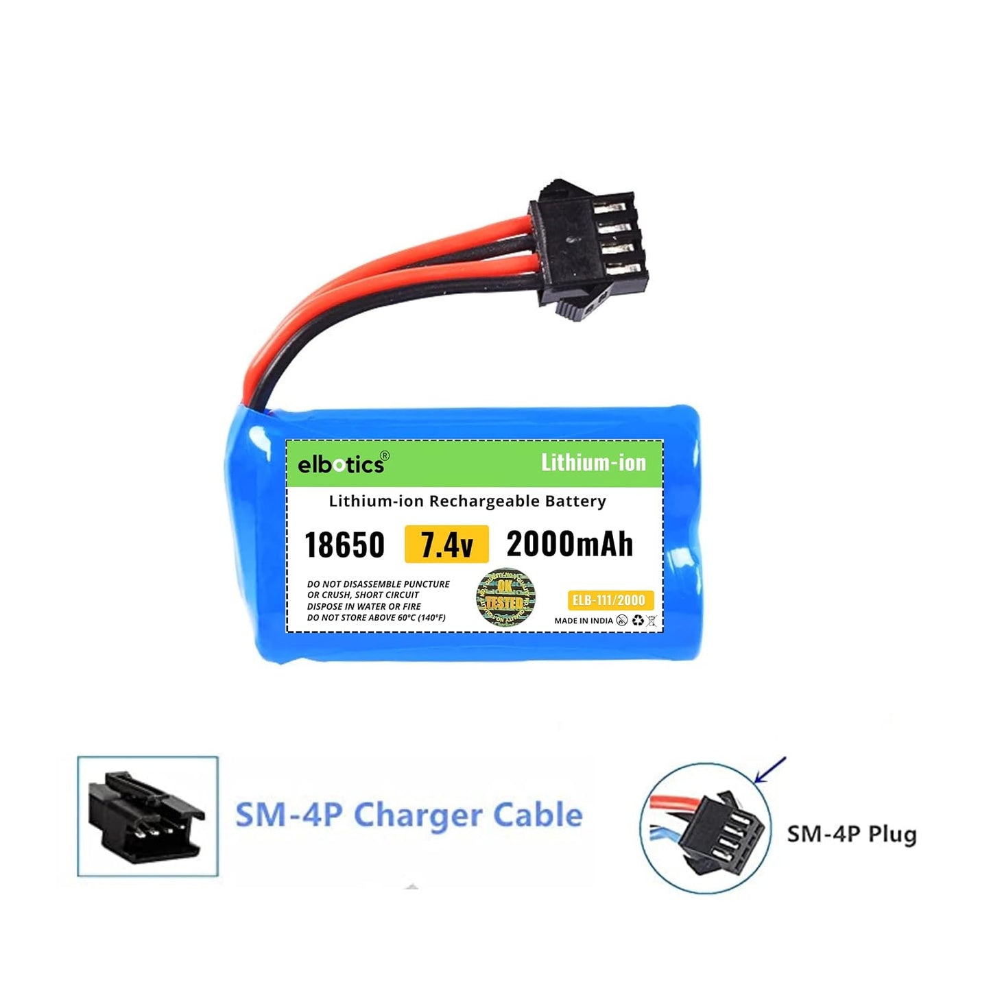 ELBOTICS 7.4V 2000mAh Rechargeable Li-ion RC Battery with SM-4P Plug & USB Charger for Huanqi 961, 962, UDI902, UDI002 RC Boat, Car & Toys