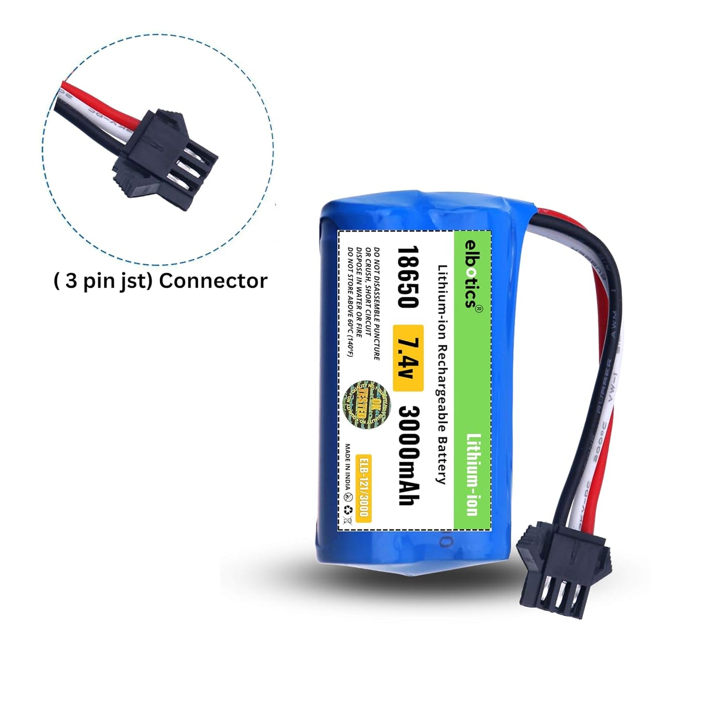 ELBOTICS 7.4V 3000mAh 2S Li-ion Rechargeable Battery with SM-3P Plug & USB Charger for RC Tank, Gesture RC Car & Stunt Cars