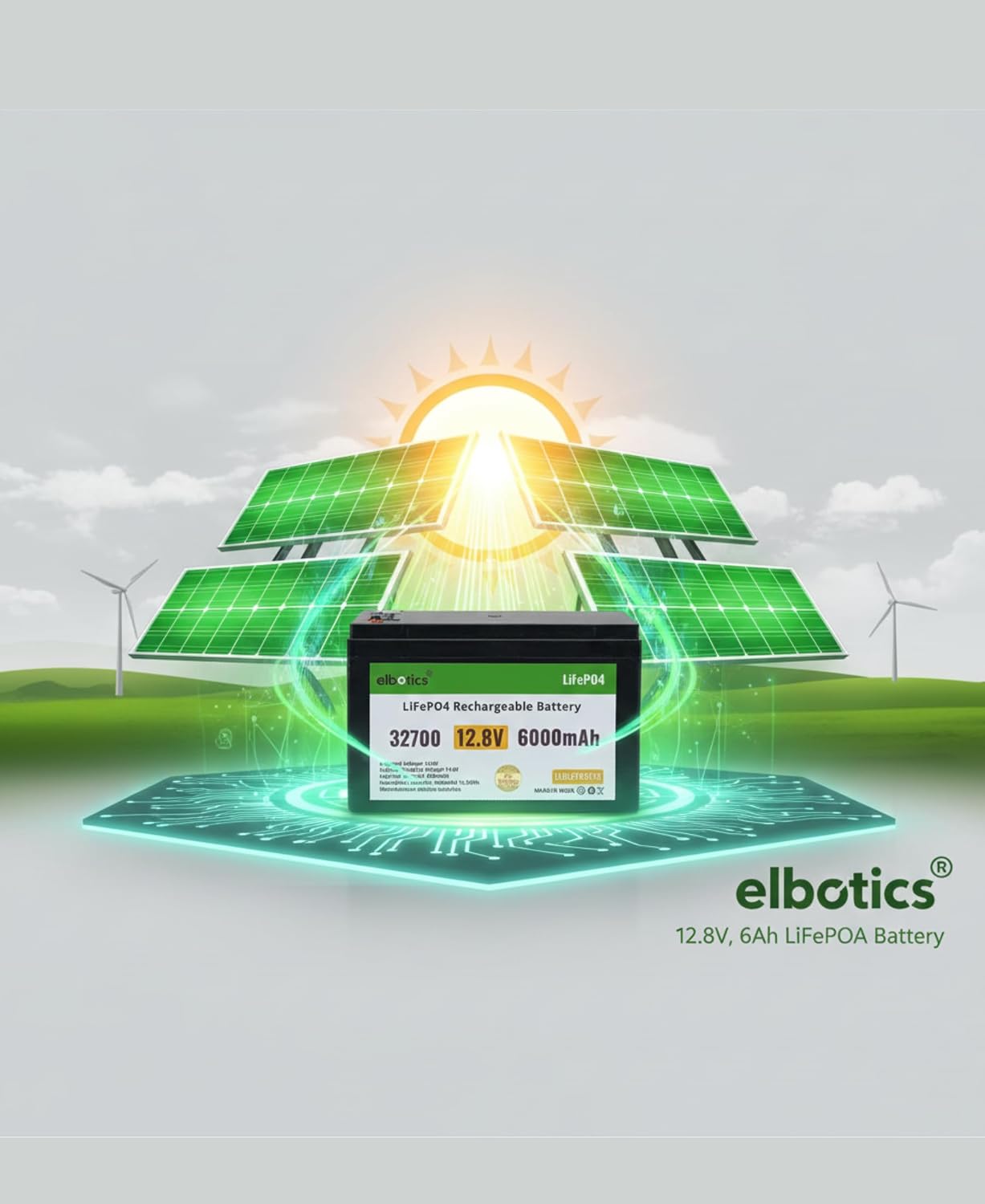 ELBOTICS 12.8V 6Ah LiFePO4 Rechargeable Battery with 10A Smart BMS for Solar, Camping, Fish Finder, UPS, RV & Emergency Power