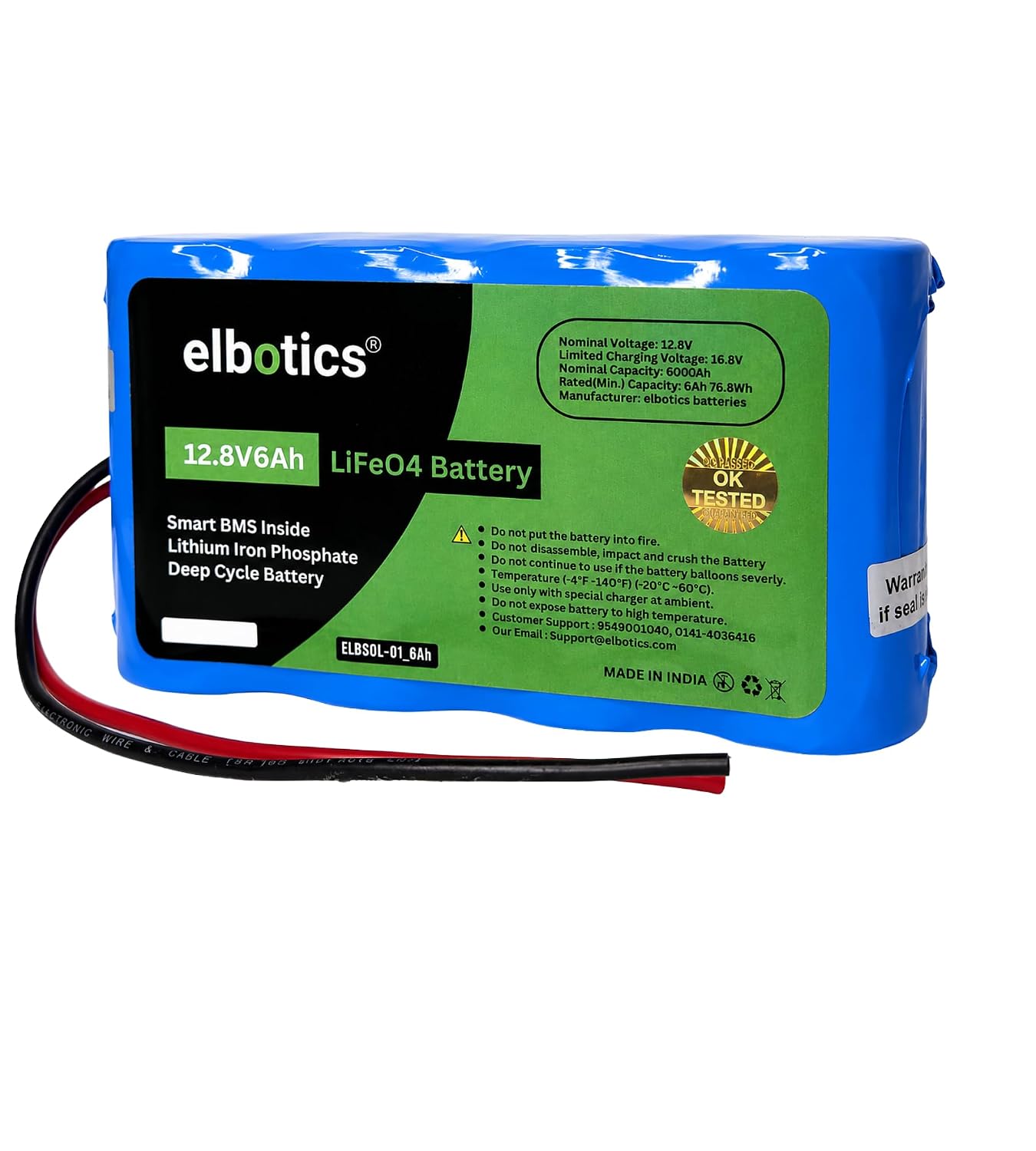 ELBOTICS 12.8V 6Ah LiFePO4 Battery with Smart BMS – 76.8Wh Deep Cycle Lithium Battery for Solar, Inverter, Backup & DIY Projects (2 Year Warranty)