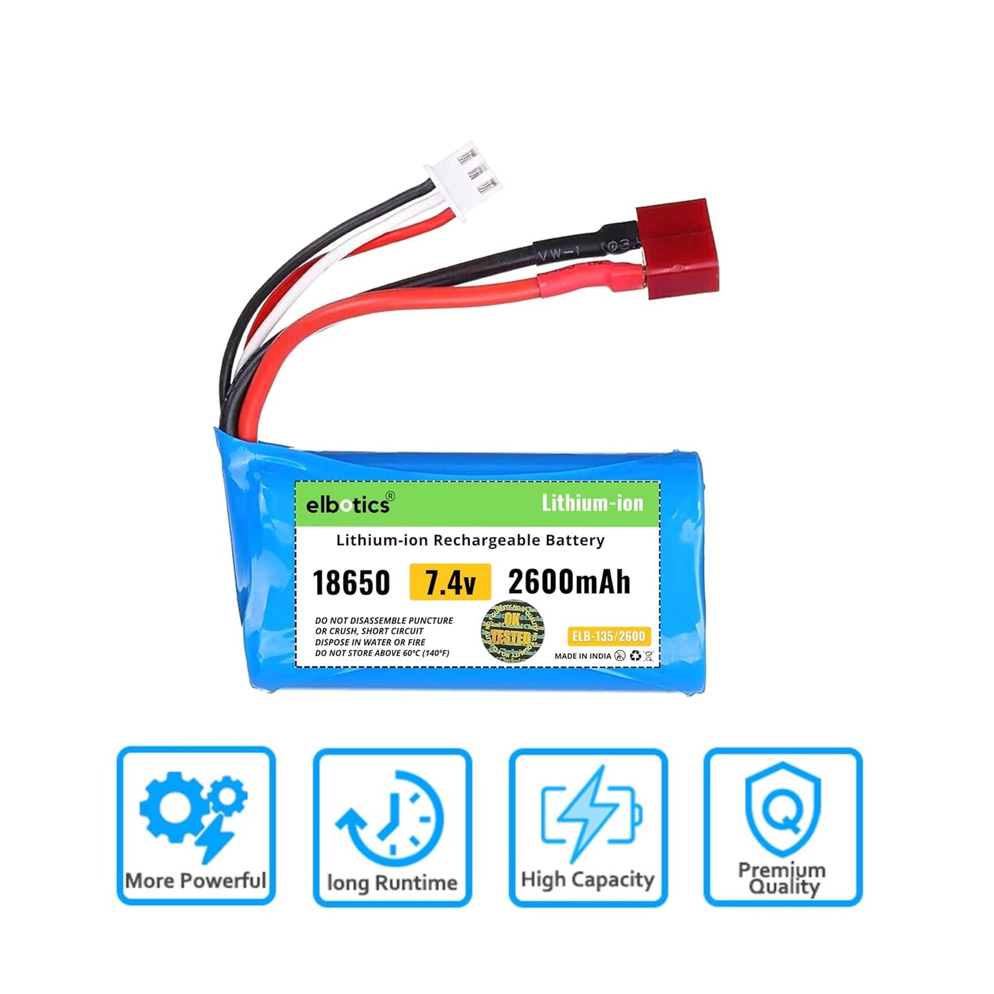 ELBOTICS 7.4V 2600mAh Li-ion Rechargeable Battery 2S 15C with T Plug & JST-XH 3 Pin Connector for RC Cars, RC Boats & RC Toys
