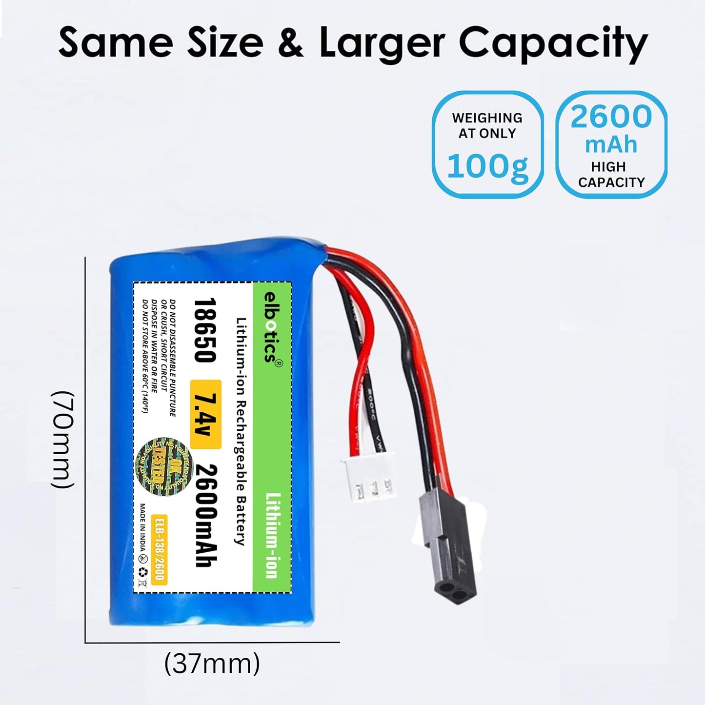 ELBOTICS 7.4V 2600mAh 2S 15C Li-ion Rechargeable Battery with 5500 Plug for RC Cars, RC Boats, RC Trucks & RC Vehicles